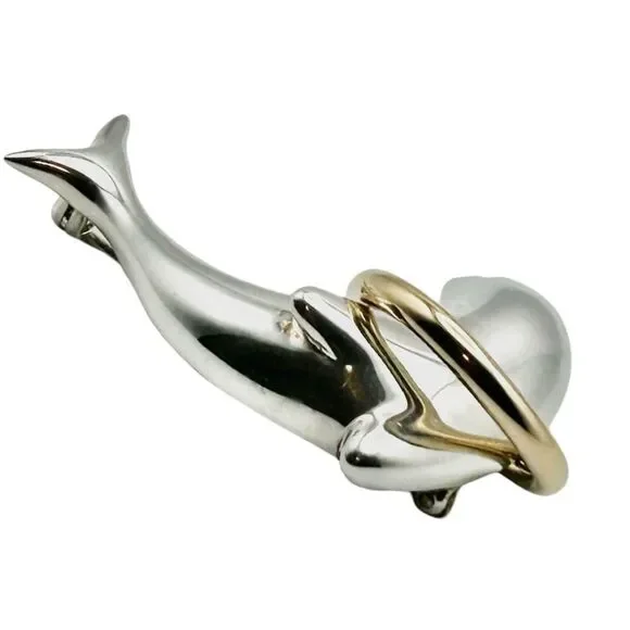 Tiffany & Co Vintage Sterling Silver & 18k Gold Dolphin Brooch - Picture 4 of 7